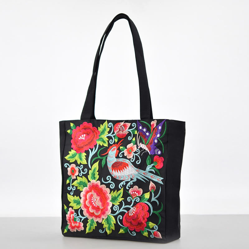 Galsang Magpie Peony Camellia Chrysanthemum Embroidery Canvas Shopping Purse Handbag Shoulder Bag
