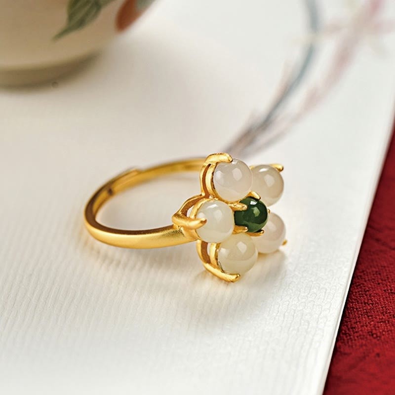 925 Sterling Silver Natural Hetian Jade Peach Blossom Flower Luck Adjustable Ring