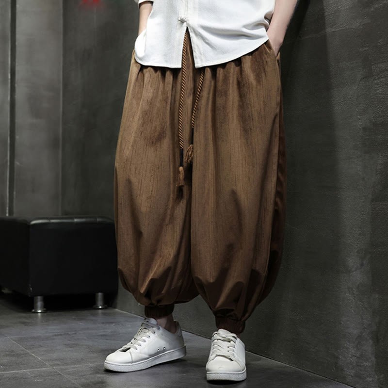 Solid Color Corduroy Drawstring Thermal Men's Harem Pants With Pockets