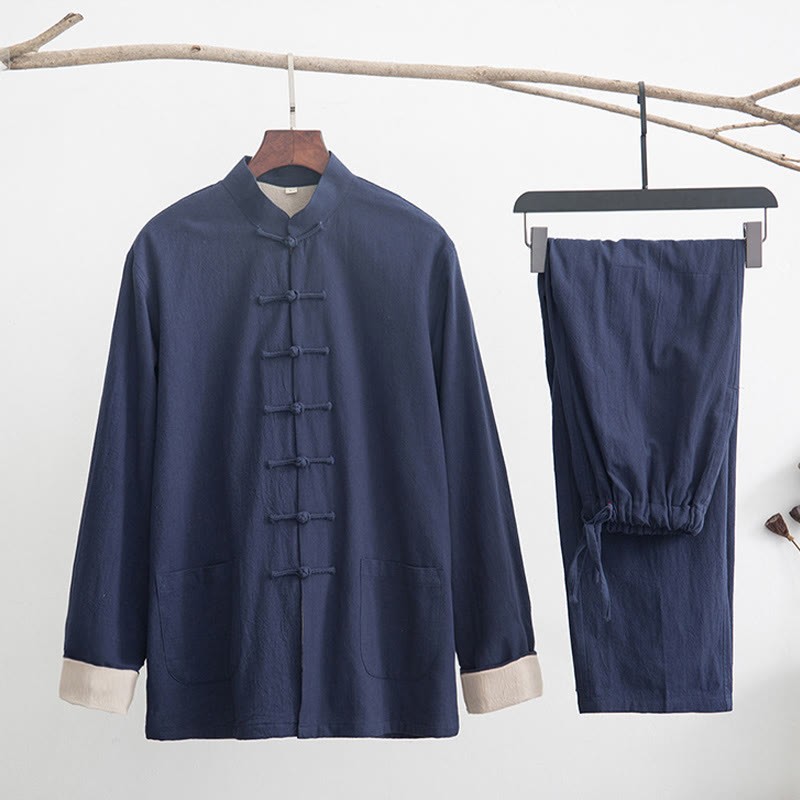 2Pcs Zen Tang Suit Men's Linen Frog-Button Long Sleeve Shirt Pants Set