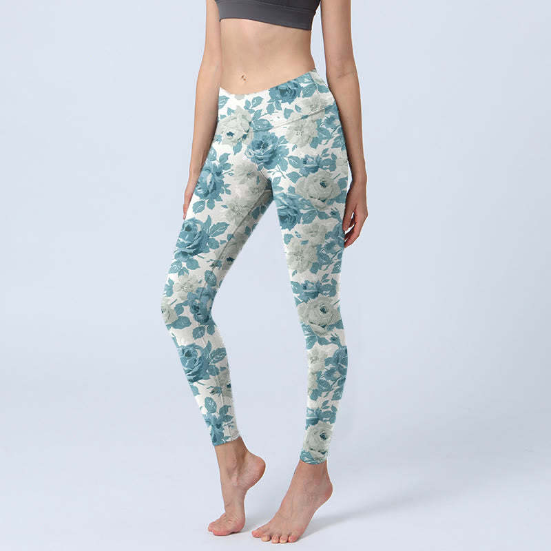 Green White Flower Gym Leggings Women's Yoga Pants