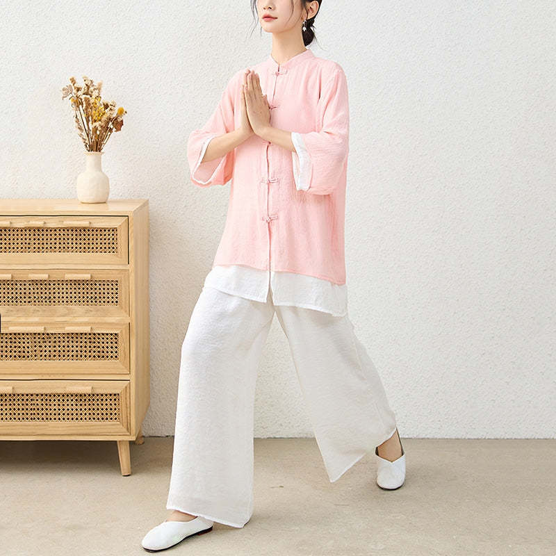 2Pcs Simple Chinese Frog Button Design Top Pants Meditation Yoga Zen Tai Chi Cotton Clothing Women's Set