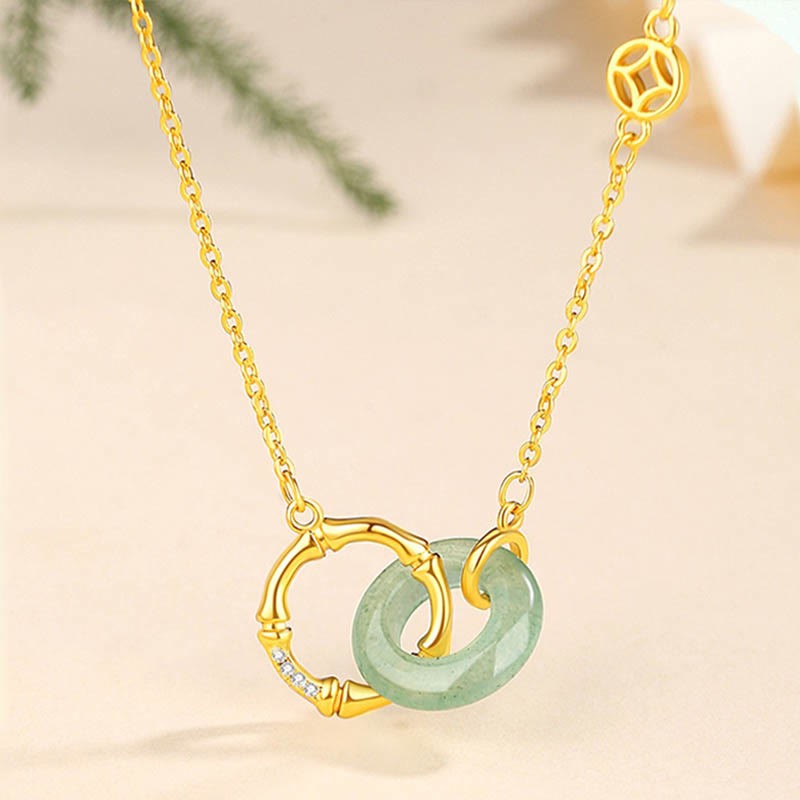 925 Sterling Silver Natural Green Aventurine Peace Buckle Bamboo Coin Prosperity Necklace Pendant