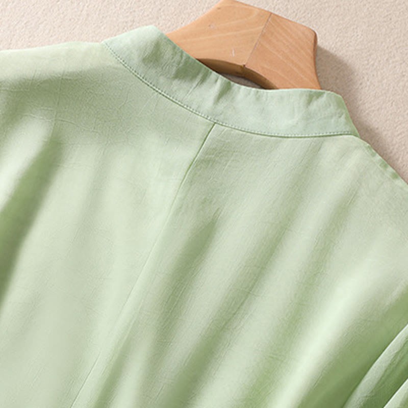 Embroidery Plants Flower Half Sleeve Plain Frog-Button Stand Collar Women's Shirt