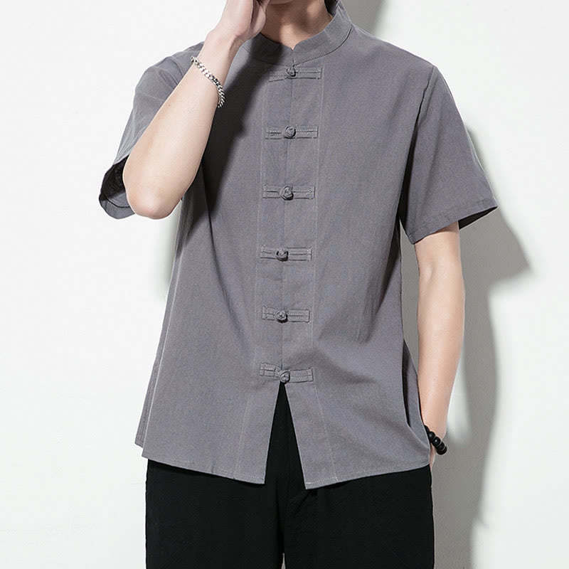 Casual Solid Color Front Frog Buttons Chinese Tang Suit Short Sleeve Linen Men's Shirt