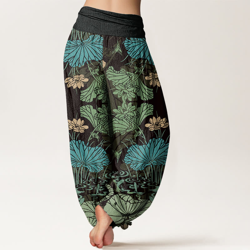 Lotus Leaves Flowers Design Women's Elastic Waist Harem Pants