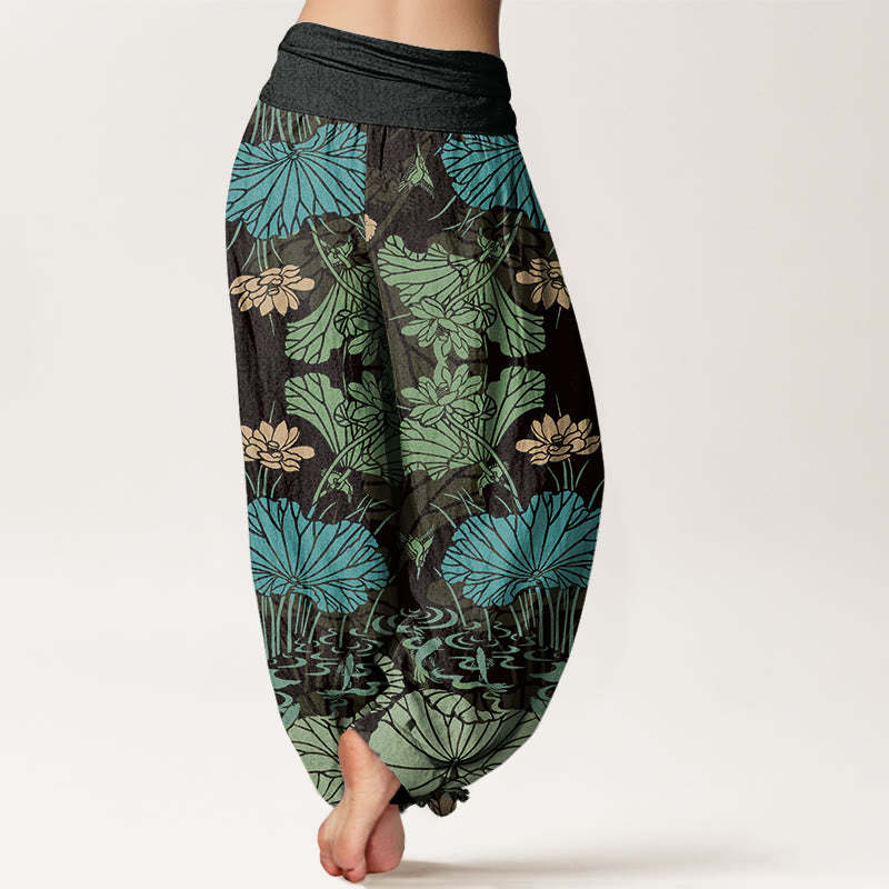 Lotus Leaves Flowers Design Women's Elastic Waist Harem Pants