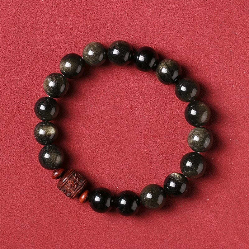 Natural Gold Sheen Obsidian Rainbow Obsidian Om Mani Padme Hum Fu Character Healing Bracelet