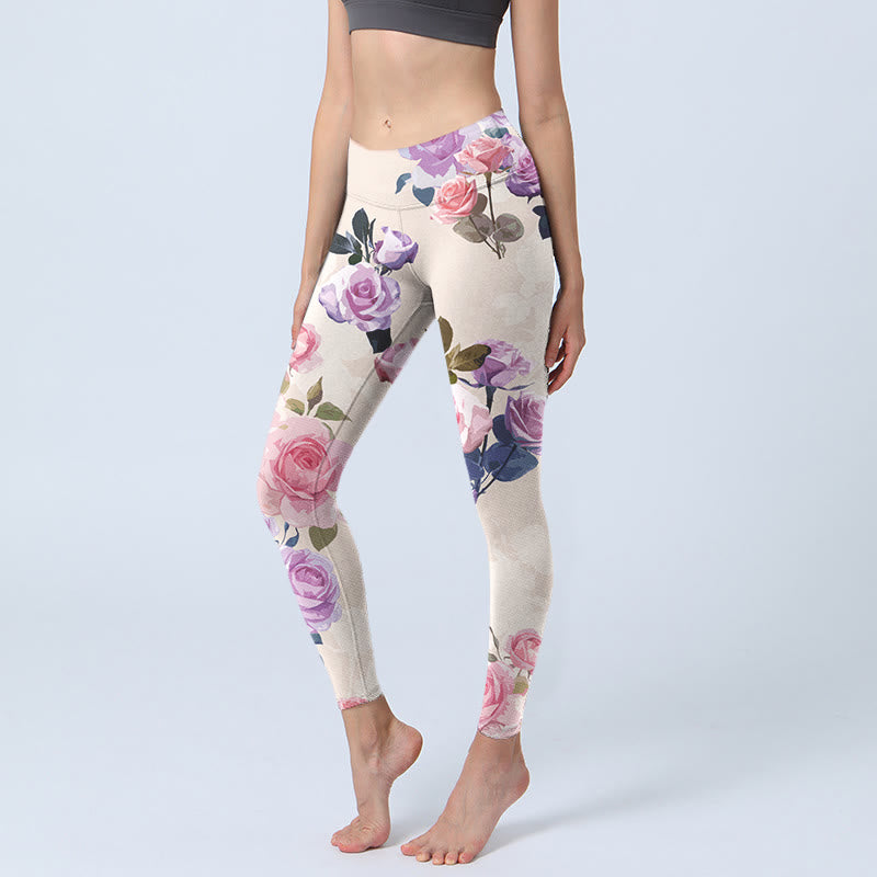 Beige Rose Flowers Print Gym Leggings Women's Yoga Pants