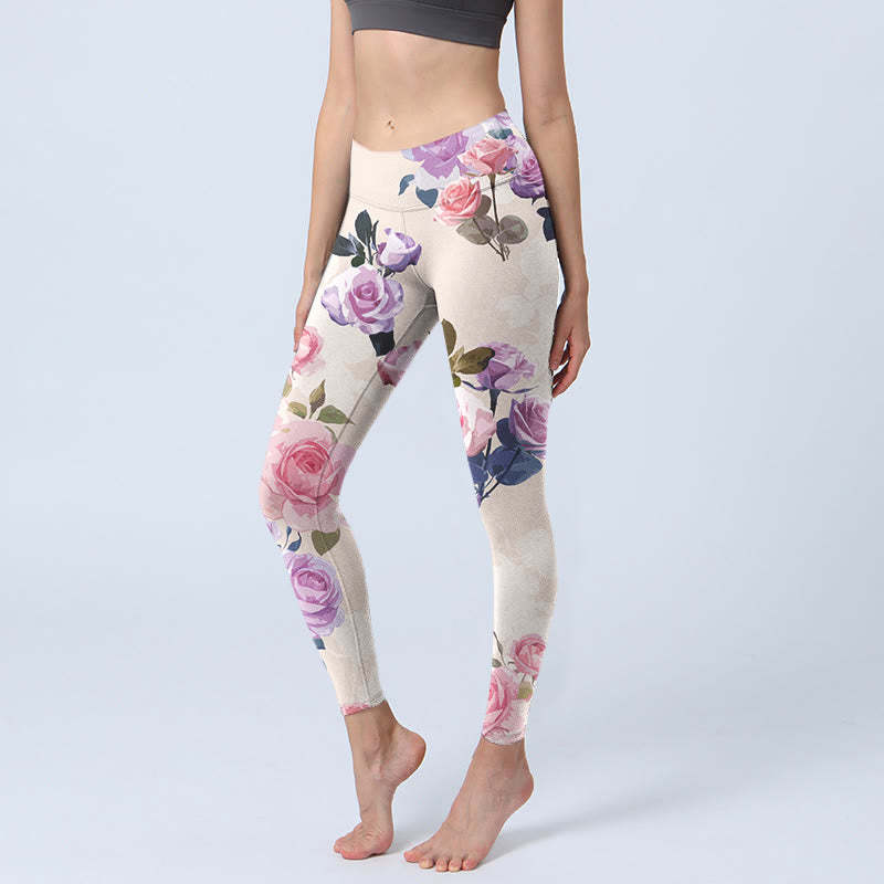 Beige Rose Flowers Print Gym Leggings Women's Yoga Pants