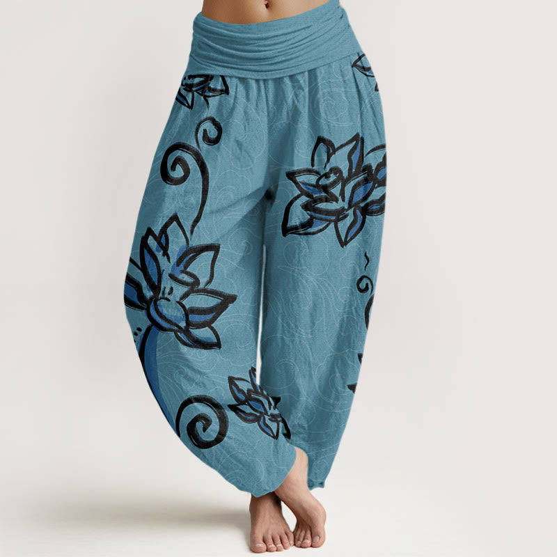 Casual Lotus Auspicious Clouds Design Women's Elastic Waist Harem Pants
