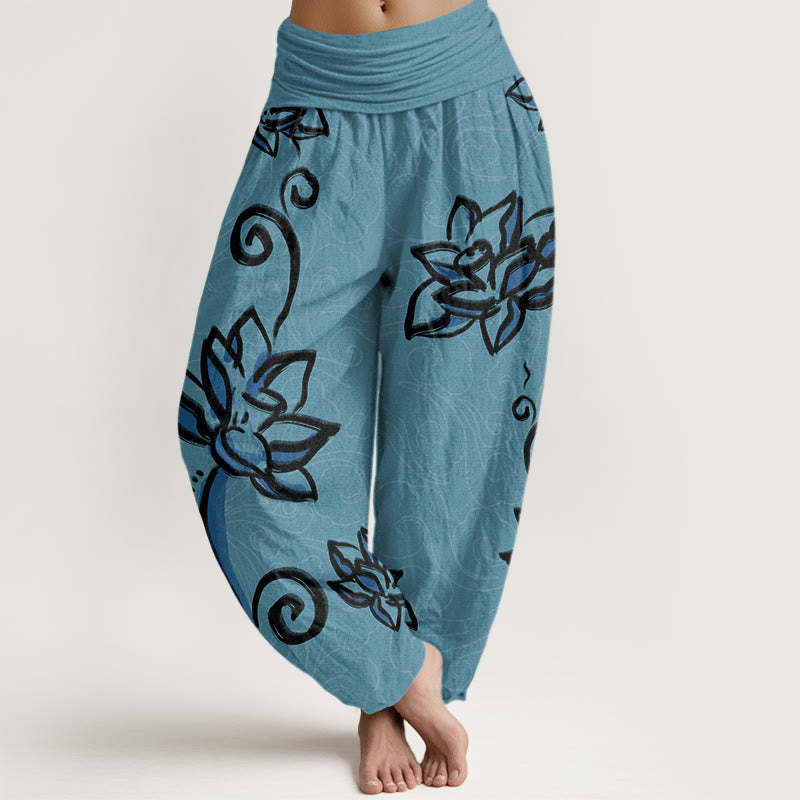 Casual Lotus Auspicious Clouds Design Women's Elastic Waist Harem Pants