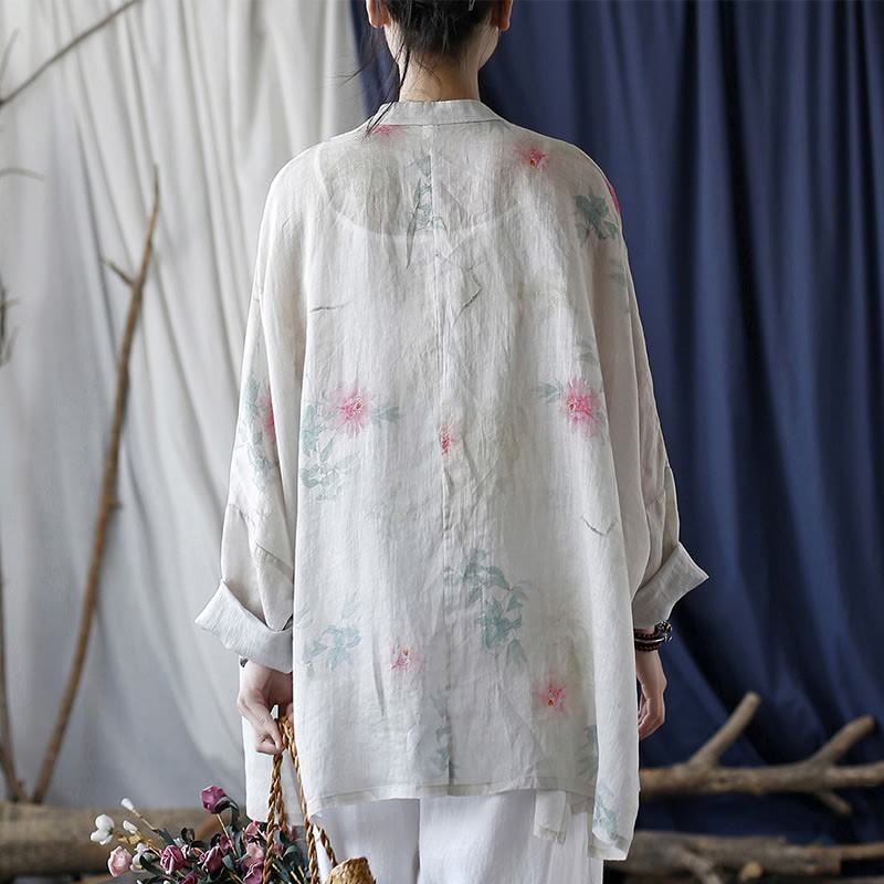 White Red Flowers Green Leaves Frog-Button Long Sleeve Ramie Linen Jacket Shirt