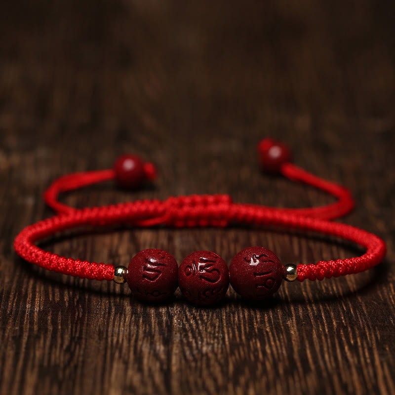 Handmade Cinnabar Om Mani Padme Hum Engraved Beads Blessing Braided Bracelet