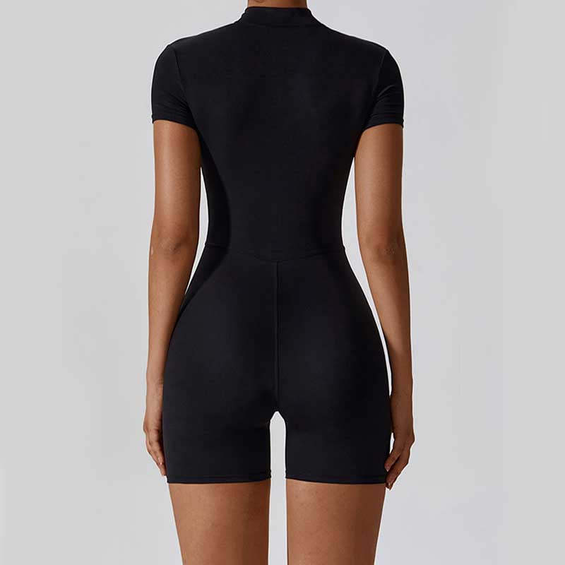 High Stretch Zipper Short Sleeve Jumpsuit Sports Fitness Yoga Women Bodysuit