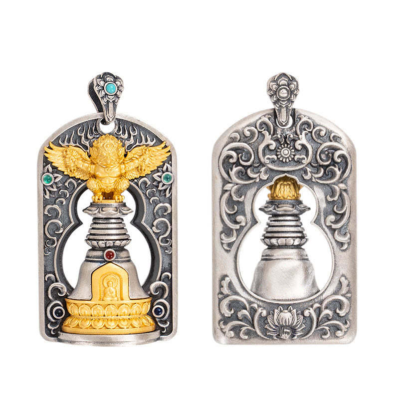 925 Sterling Silver Tibetan Garuda Bird Vajra Dorje Bell Protection Necklace Pendant