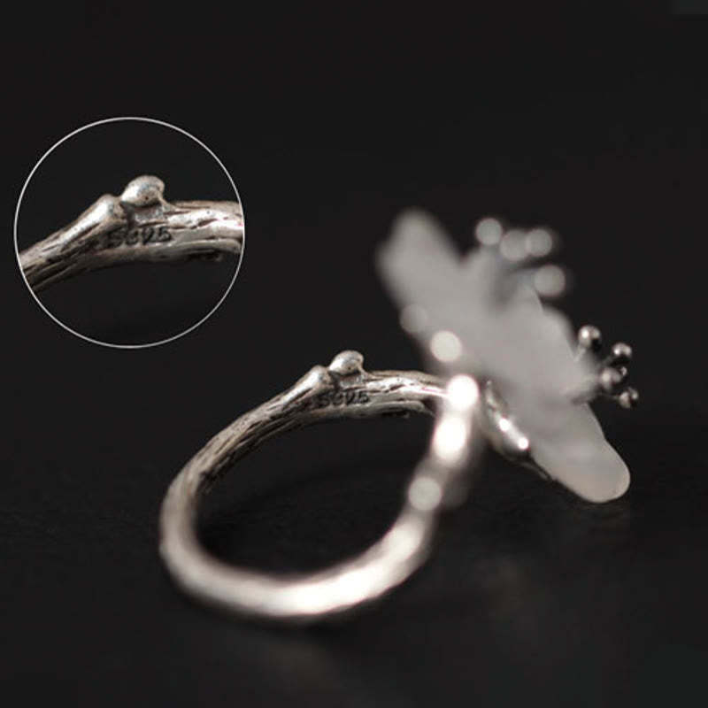 925 Sterling Silver White Crystal Double Plum Blossom Flower Adjustable Protection Ring
