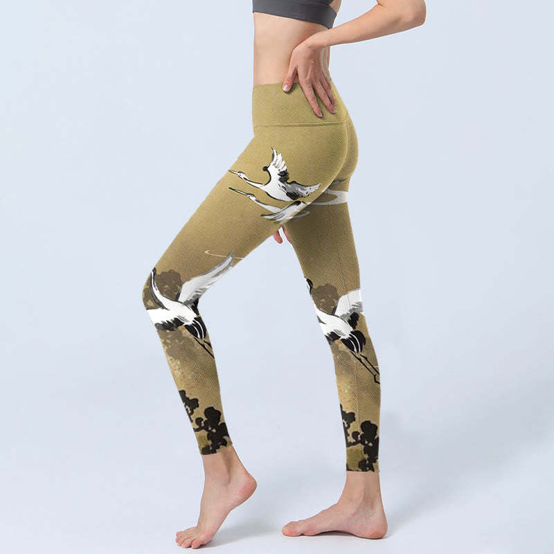 Trees Cloud Red-crowned Crane Pattern Print Gym Leggings Women's Yoga Pants