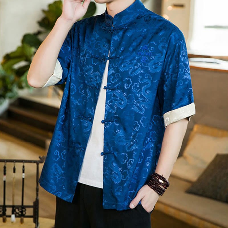 Chinese Tang Suit Frog-button Dragon Print Men's Half Sleeve Shirts