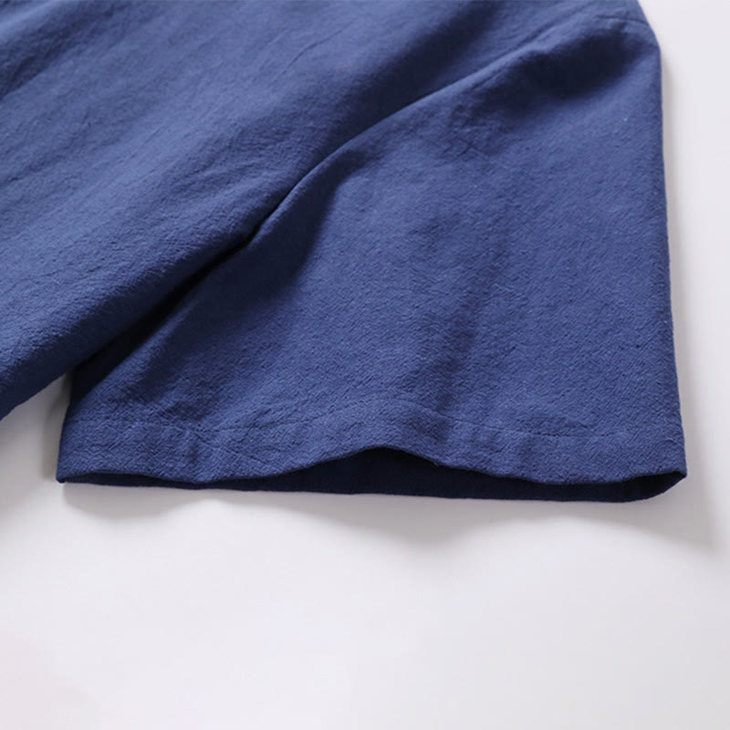 Solid Color Short Sleeve One Frog Button Cotton Linen Men's Shirt