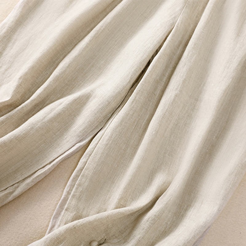 Pure Color Drawstring Frog-Button Cotton Linen Women's Harem Pants With Pockets