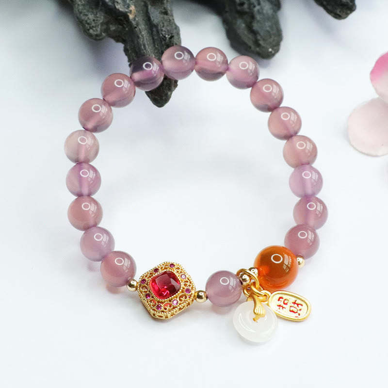 Natural Purple Chalcedony Candy Agate Peace Buckle Harmony Lucky Fortune Charm Bracelet