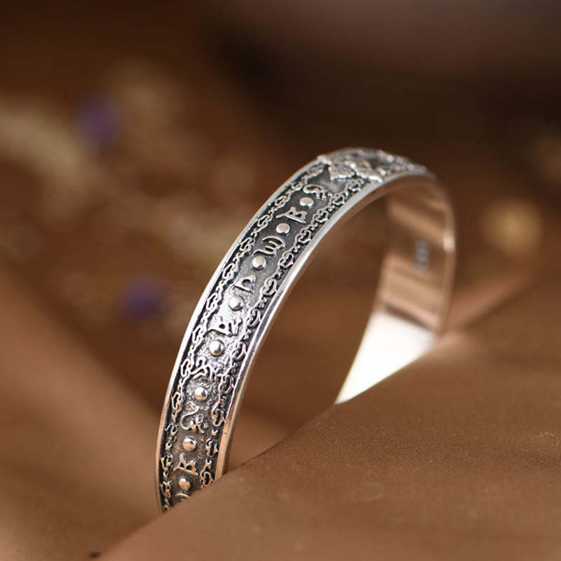 925 Sterling Silver Om Mani Padme Hum Double Dorje Engraved Wisdom Cuff Bracelet Bangle