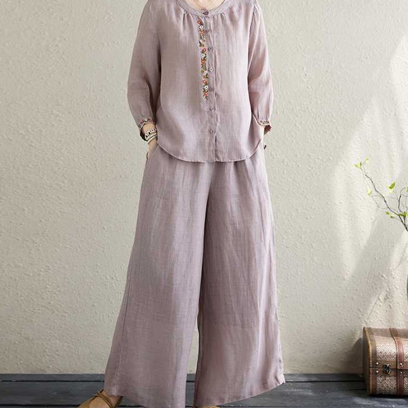 2Pcs Cotton Embroidery Flowers Shirt Top Pants Meditation Zen Tai Chi Clothing Women's Set