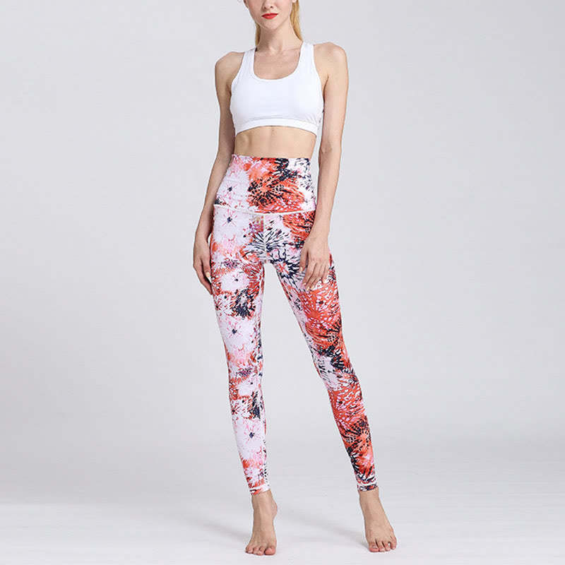 Red Pink Flowers Print Sports Fitness Yoga High Waist Leggings Women's Yoga Pants