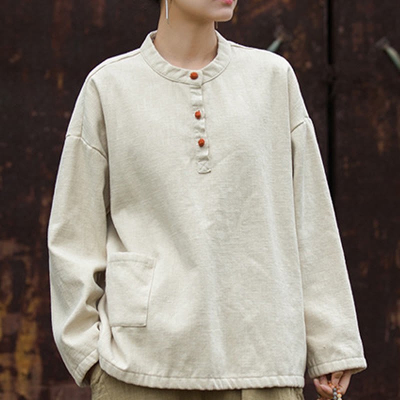 Retro Solid Color Thermal Long Sleeve Ramie Linen Women's Shirt