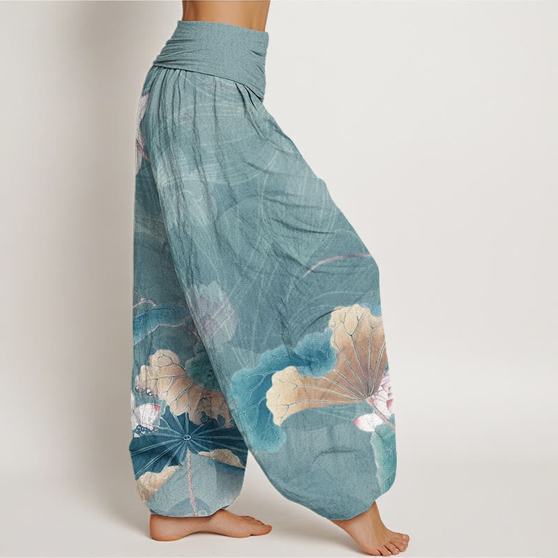 Lotus Flowers Leaves Pattern Women's Elastic Waist Harem Pants