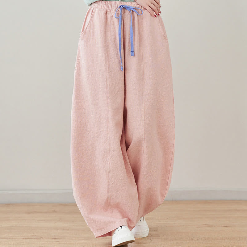 Casual Plain Loose Rope Women's Cotton Linen Pants With Pockets