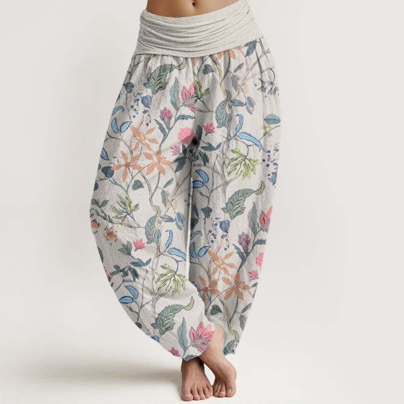 Floral Leaf Vine Design Women's Elastic Waist Harem Pants