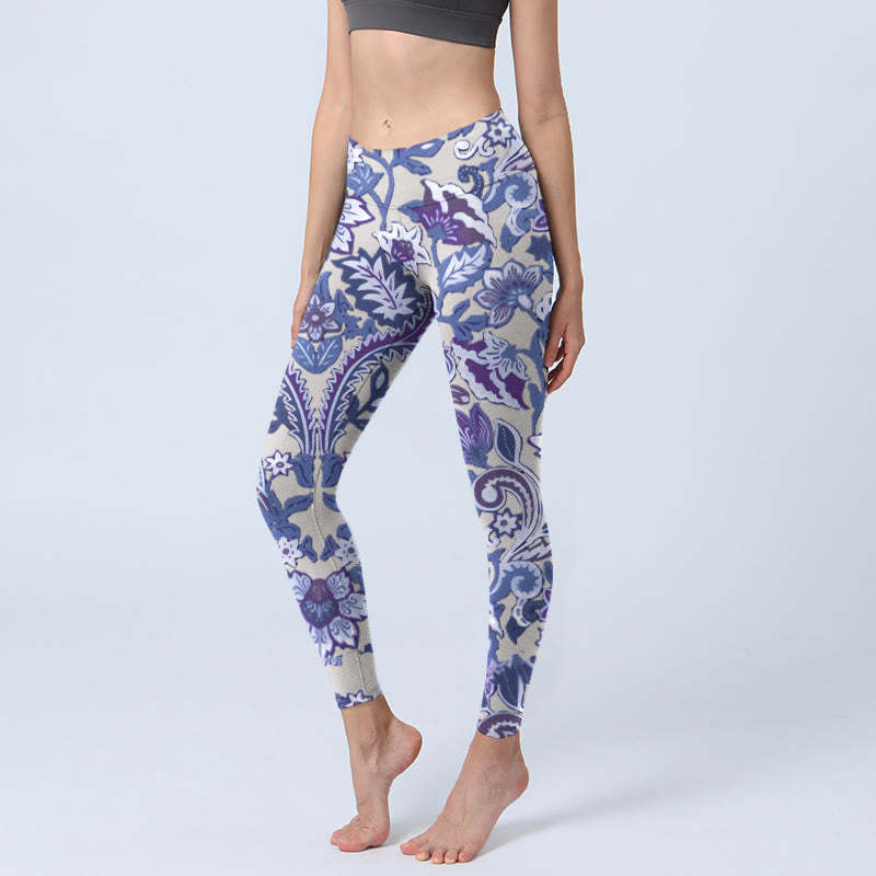 Purple Flower Leaves Print Gym Fitness Leggings Women's Yoga Pants