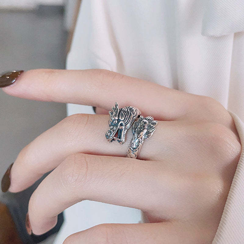 925 Sterling Silver Year Of The Dragon Luck Strength Adjustable Metal Ring