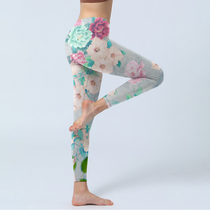 Colorful Peony Flowers Print Gym Fitness Leggings Women's Yoga Pants