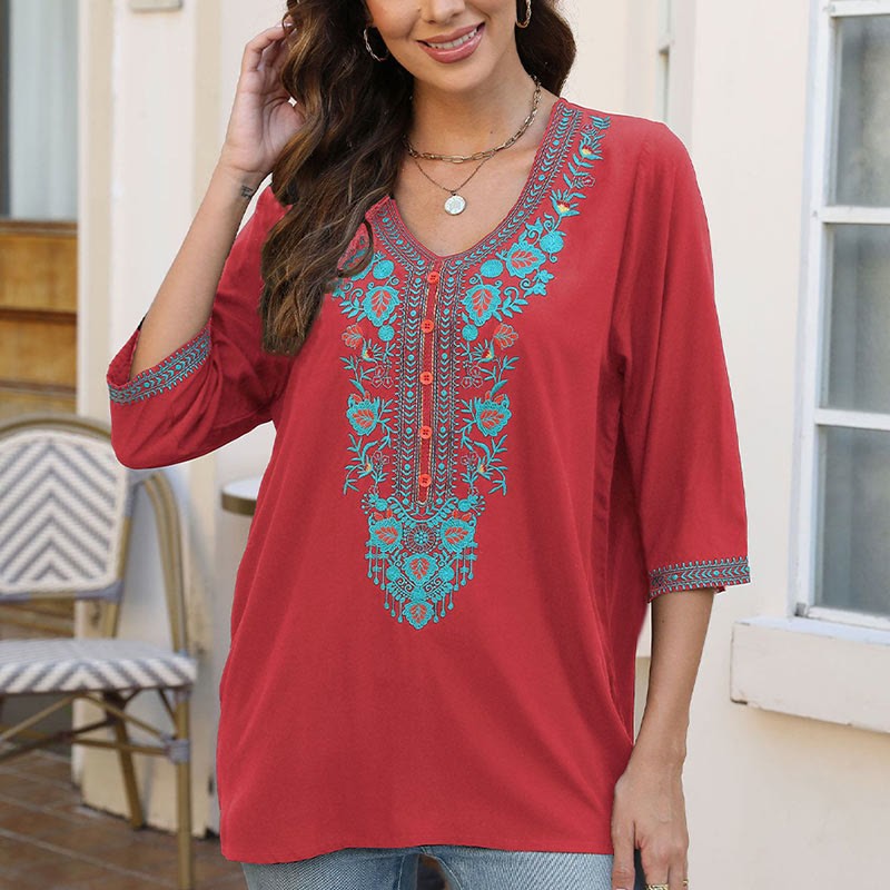 Summer Casual Embroidery Flower Leaf Half Sleeve V-neck Cotton Women's T-Shirt