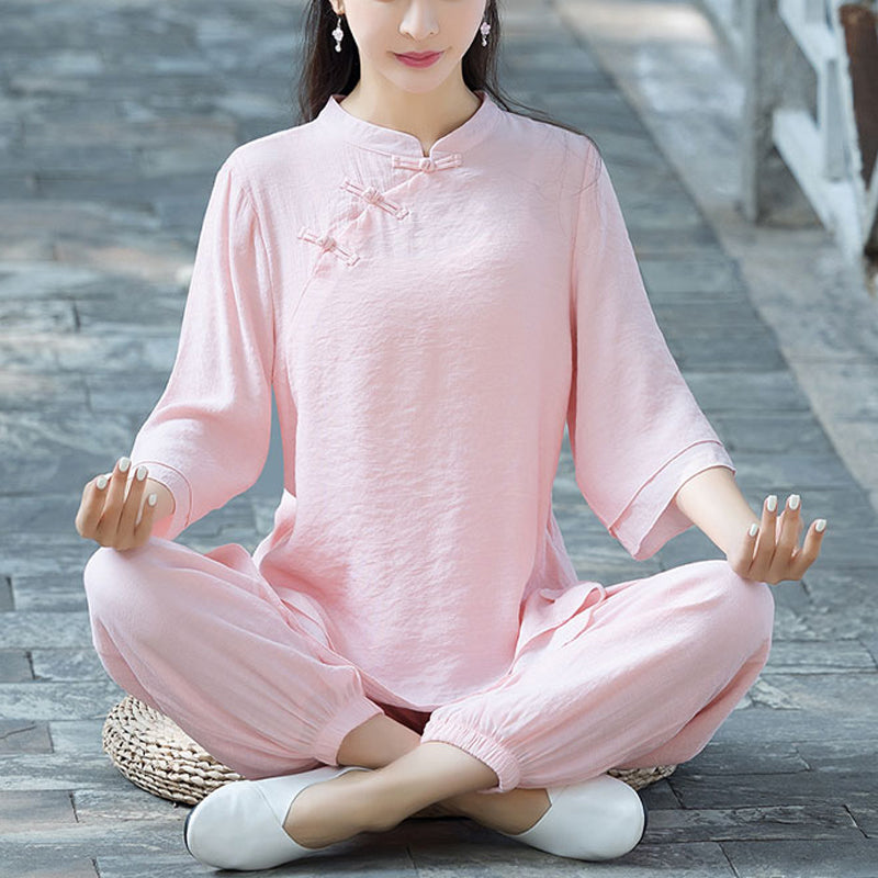 2Pcs Plain Design Top Pants Meditation Yoga Zen Tai Chi Cotton Linen Clothing Women's Set