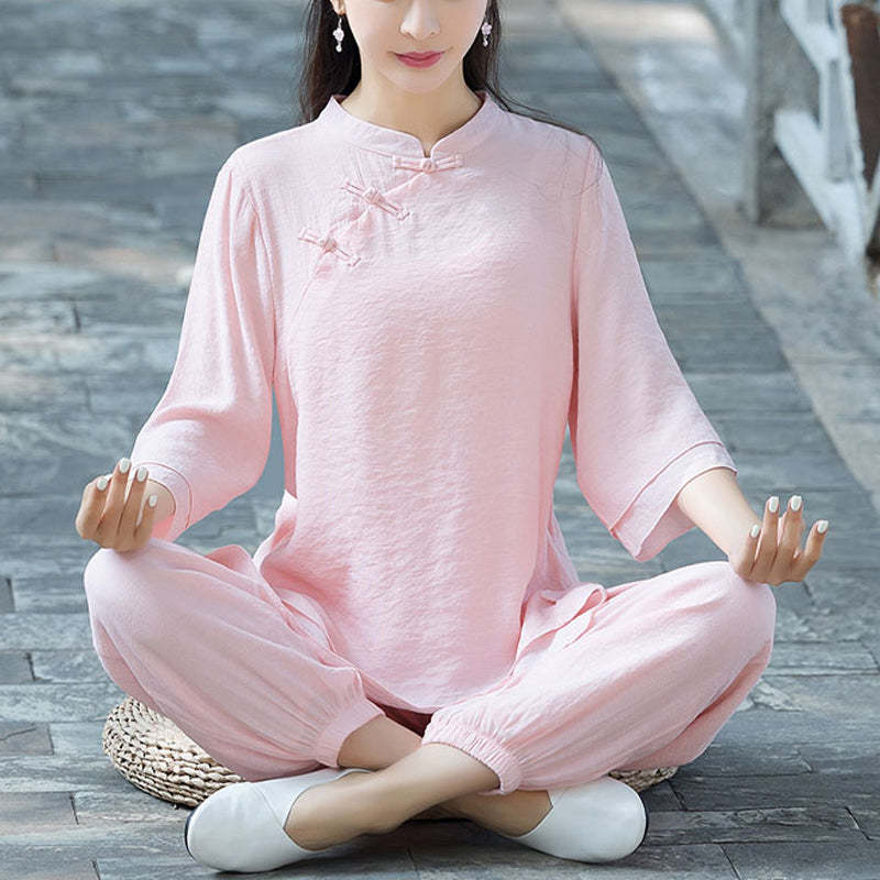 2Pcs Plain Design Top Pants Meditation Yoga Zen Tai Chi Cotton Linen Clothing Women's Set