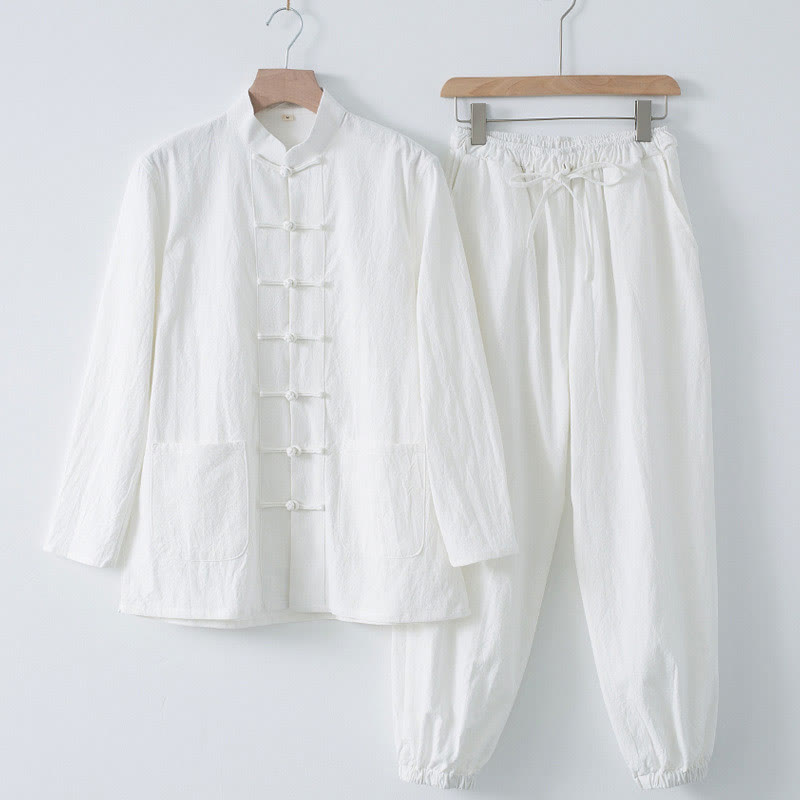 Meditation Frog-Button Tang Long Sleeve Shirt Pants Men's Suit