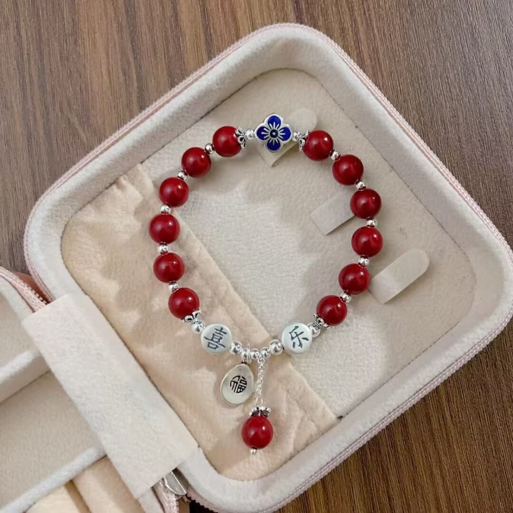 Ping An Xi Le (Peace and Joy) fortune plaque vermilion bracelet with tassel, unique design, zodiac year accessory, national trend style, luck-turning, couple gift