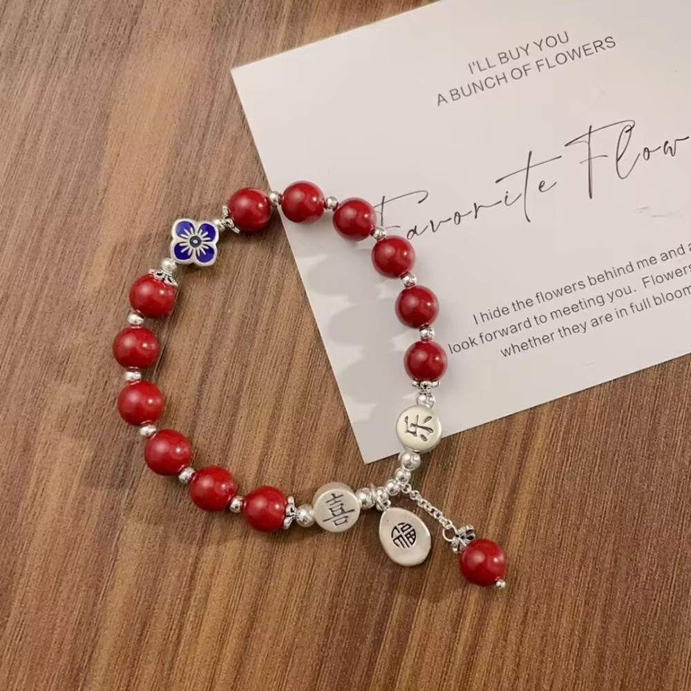 Ping An Xi Le (Peace and Joy) fortune plaque vermilion bracelet with tassel, unique design, zodiac year accessory, national trend style, luck-turning, couple gift