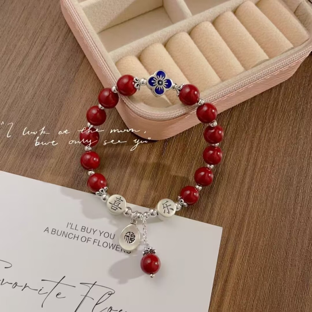Ping An Xi Le (Peace and Joy) fortune plaque vermilion bracelet with tassel, unique design, zodiac year accessory, national trend style, luck-turning, couple gift