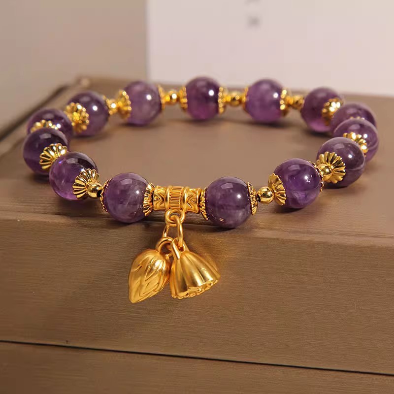 【Lotus Rhythm Twin Birth】Natural Amethyst Two Lives of Joy Bracelet for Women Ins-style Light Luxury Lotus Pod Pendant Bracelet Attract Good Fortune and Prosperity Stabilise Your Luck and Protect Yourself