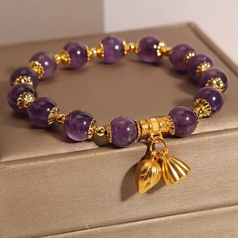 【Lotus Rhythm Twin Birth】Natural Amethyst Two Lives of Joy Bracelet for Women Ins-style Light Luxury Lotus Pod Pendant Bracelet Attract Good Fortune and Prosperity Stabilise Your Luck and Protect Yourself