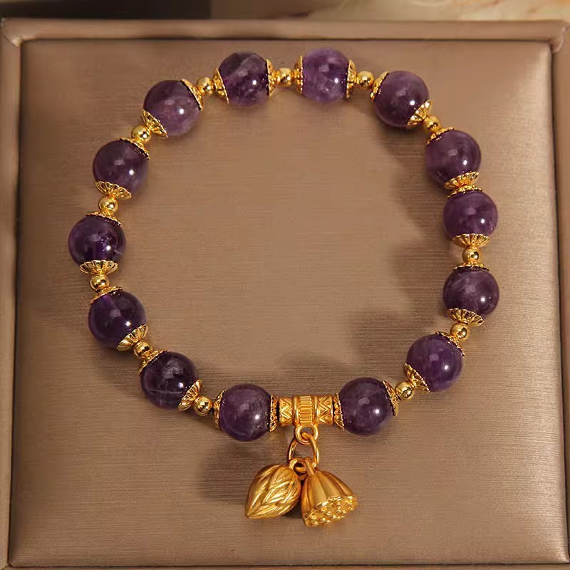 【Lotus Rhythm Twin Birth】Natural Amethyst Two Lives of Joy Bracelet for Women Ins-style Light Luxury Lotus Pod Pendant Bracelet Attract Good Fortune and Prosperity Stabilise Your Luck and Protect Yourself