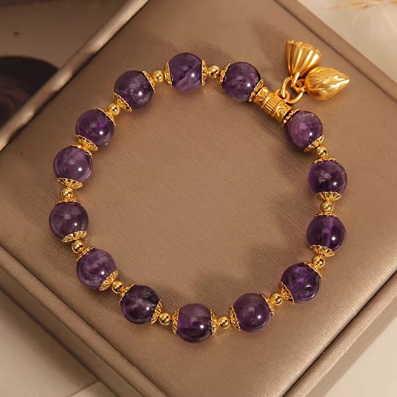 【Lotus Rhythm Twin Birth】Natural Amethyst Two Lives of Joy Bracelet for Women Ins-style Light Luxury Lotus Pod Pendant Bracelet Attract Good Fortune and Prosperity Stabilise Your Luck and Protect Yourself