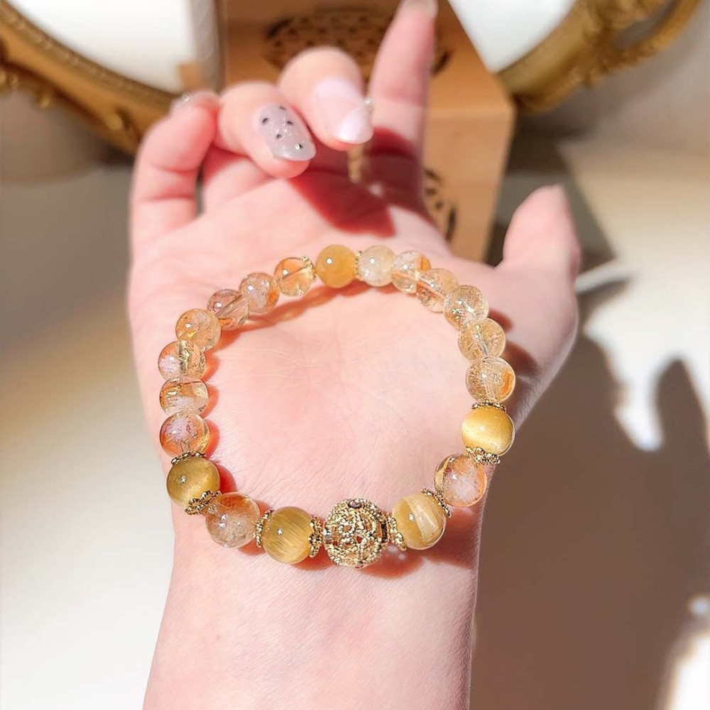 【Attract Wealth and Good Fortune】Natural Yellow Crystal Bracelet for Women Stylish Design Traditional Coiled Gold Thread Ball Golden Tiger Eye Beads Good Luck Wealth Protection from Evil Spirits Energy Jewelry