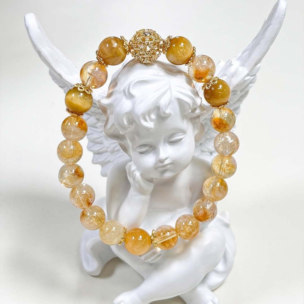 【Attract Wealth and Good Fortune】Natural Yellow Crystal Bracelet for Women Stylish Design Traditional Coiled Gold Thread Ball Golden Tiger Eye Beads Good Luck Wealth Protection from Evil Spirits Energy Jewelry