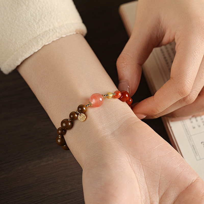 Intangible-Cultural-Heritage Original Herbal Scented Beads Bracelet with Nanhong Agate & Five-Path Wealth Deities Design | Single-Loop Women's Elegant Bracelet